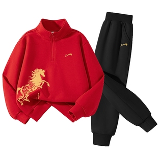 贵人鸟童装男童套装加绒女童红色本命年运动服儿童冬季一体绒卫衣