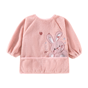 女童卡通兔子长毛绒反穿衣男女宝宝加绒保暖吃饭围兜防水防脏罩衣