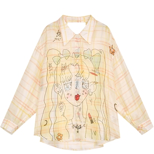 妖精的口袋原创印花格纹轻薄衬衫女2025年夏季新款宽松外套空调衫