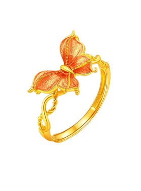 金店同款黄金珐琅梦蝶戒指环999足金包银古法素圈S送女友生日礼物
