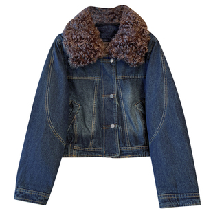 羊羔毛翻领蓝色牛仔衣羽绒服内胆女2025冬季新款加厚保暖短款外套