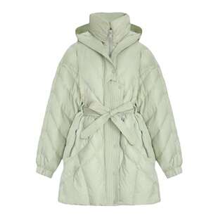 周欣然明星同款绿色连帽羽绒服女2025新款收腰设计感保暖鸭绒外套