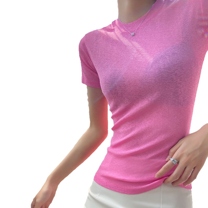 粉色多巴胺高质量短袖t恤女2026新款夏季高端网纱上衣薄款打底衫