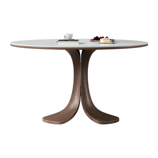 梵创 实木圆形餐桌现代简约家用轻奢高端胡桃色纯白岩板餐桌椅子