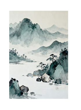 可班手绘油画新中式山水玄关挂画
