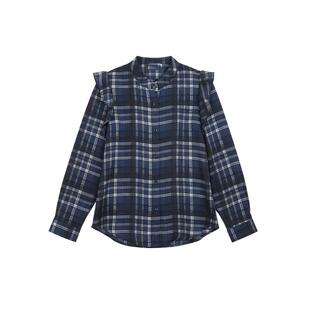 Basic House/百家好荷叶边格纹纯棉衬衫女士2026春季新款长袖衬衣