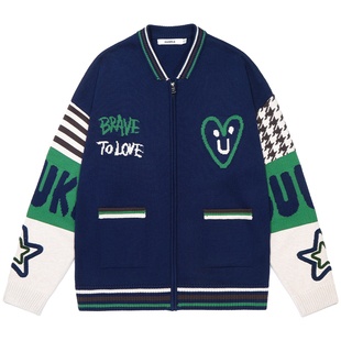 全伊伦同款GUUKA潮牌拼色开衫男针织衫加厚 爱心提花毛衣外套宽松