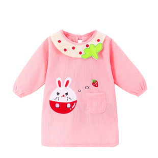 女童长款灯芯绒罩衣儿童大码防水反穿衣大童吃饭护衣套长棉袄洋气