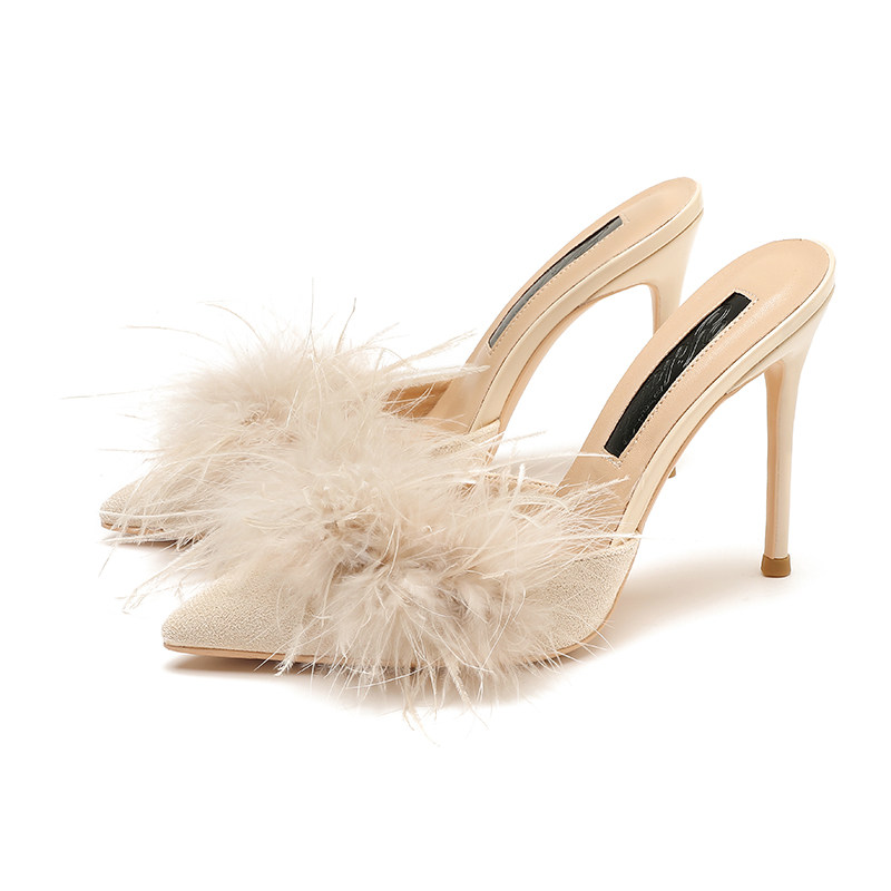 毛毛高跟拖鞋2024秋新款名媛气质性感尖头细跟包头半拖鞋外穿10cm