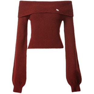 ABMY 节日战袍 一字肩毛衣女长袖针织衫女复古灯笼袖百搭修身上衣