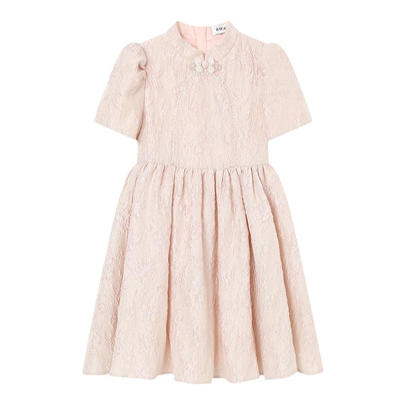 RBIGX瑞比克童装春季新款泡泡短袖女童设计感连衣裙中式礼服裙