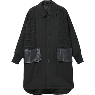 PINLI品立裁魂冬季外套翻领中长款棉服男装多材质拼接宽松棉衣潮