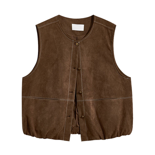 专柜自法式复古明线麂皮绒无袖马甲女秋冬季宽松马夹叠穿背心外套