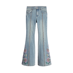 Desigual26【博主同款】春夏牛仔分割花卉刺绣喇叭裤女式牛仔裤