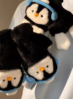 黑色系可爱卡通企鹅三件套保暖手套围巾少女秋冬季加绒骑车五指套