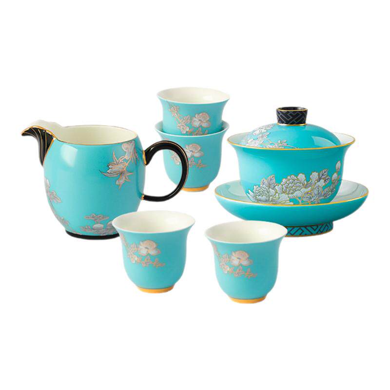 永丰源水墨牡丹7/8头功夫茶具盖碗茶杯 中式整套茶具客厅 礼盒装