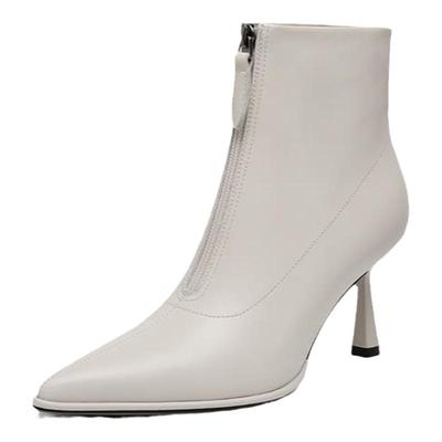 韩版真皮头层牛皮短靴女单靴米白色细高跟尖头拉链马丁靴气质百搭