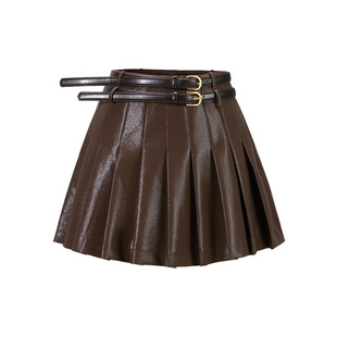 CHICHY法式千金皮质百褶半身裙女春季款显瘦百搭棕色高腰a字短裙