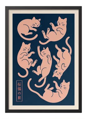 日本日式浮世绘复古怀旧装饰画有框挂画墙壁黑猫可爱招财猫吉祥物