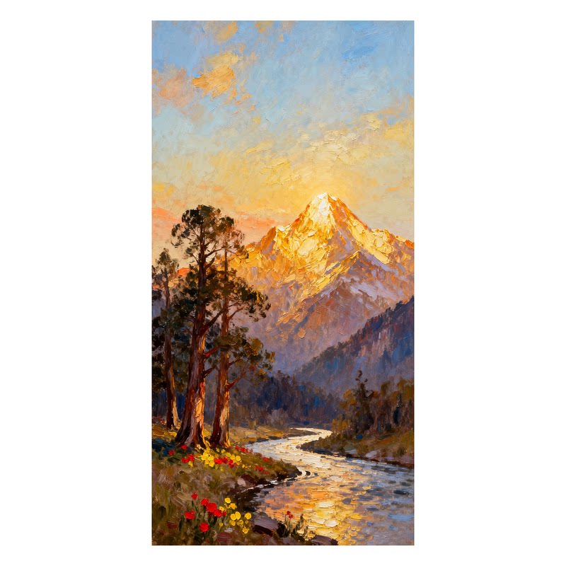 可班艺术纯手绘油画日照金山风景