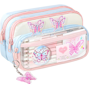 送蝴蝶徽章~大容量多巴胺透明笔袋2026年新款女生高颜值ins铅笔盒初中生超火撞色女孩款小学高中生文具盒简约