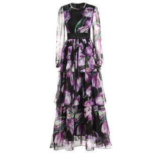 雪纺郁金香花大摆长裙春秋新款女装立体多层次礼服裙印花连衣裙