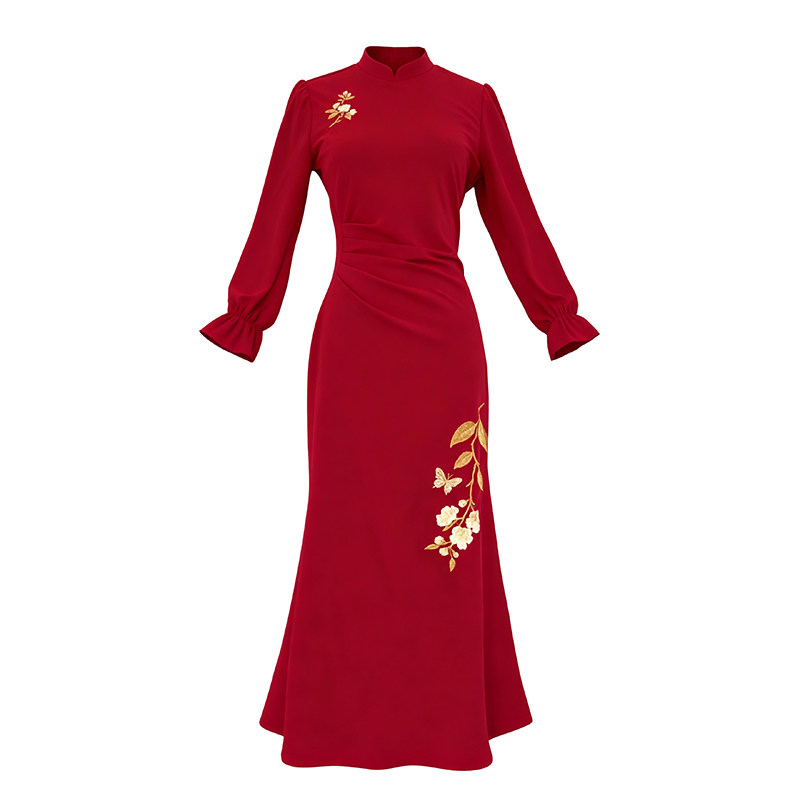 蝶恋花｜早春新新中式原创刺绣红色连衣裙修身鱼尾改良敬酒旗袍