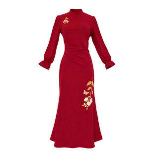 蝶恋花|新年战袍冬季原创刺绣红色连衣裙修身鱼尾改良旗袍新中式