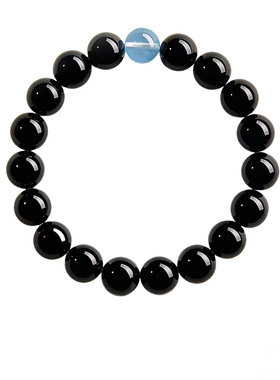 天然黑曜石海蓝宝手串女款真品纯银男士箴言转运珠手链礼物