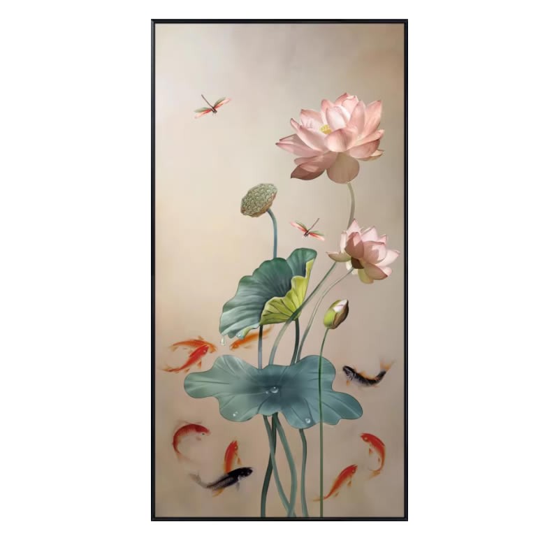高级方钻钻石画2026新款荷花九鱼图玄关竖版满钻画5d点贴钻十字绣