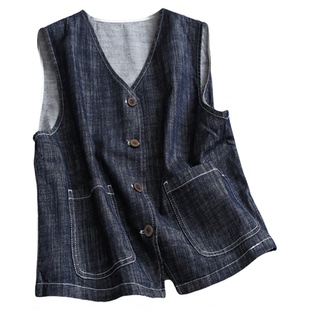 纯色宽松口袋V领无袖牛仔马夹可配一套阔腿牛仔裤女两件套装V219