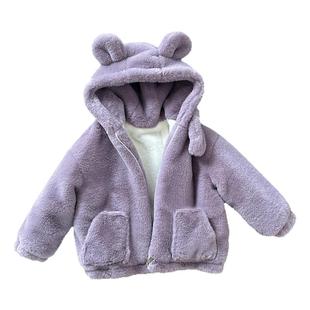 女童宝宝冬季连帽毛毛保暖外套仿皮草加绒加厚可爱儿童仿兔毛童装