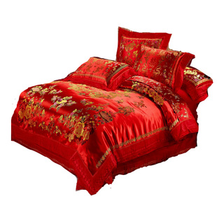 婚庆丝绸四件套全棉被里结婚织锦缎龙凤百子大红刺绣中式床品被套
