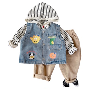男童套装2026春装新款儿童条纹连帽卫衣男宝宝牛仔马甲三件套童装