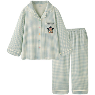 睡衣女款纯棉春秋新款长袖长裤套装可爱企鹅可外穿女士少女家居服