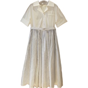 兰奕屋语原创设计 蓝白条纹法式衬衫连衣裙 百搭简约短袖落肩腰带