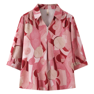 妈妈春夏薄款雪纺衬衫翻领T恤套装中老年女夏季宽松短袖真丝上衣