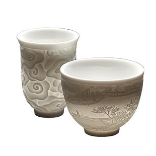 羊脂玉瓷浮雕茶杯 浮云闻香杯功夫茶道品茗茶杯茶大号陶瓷主人杯