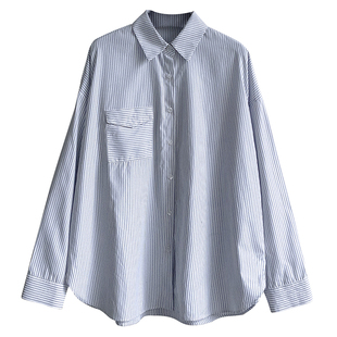 Lonslan 春夏款自制简约细条纹口袋内搭长袖女士衬衫叠穿衬衣