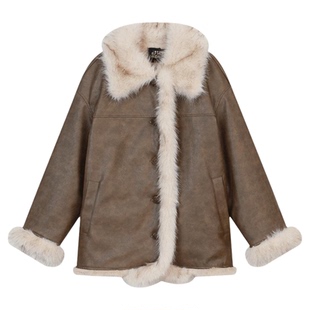 妖精的口袋咖色毛绒绒pu皮衣棉服女2025年冬季新款千金风新年战袍