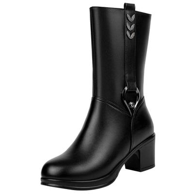 真皮中筒靴高跟加绒保暖中年女靴