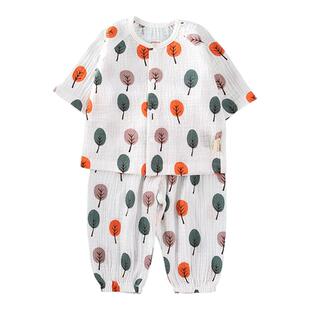 优选婴儿纯棉纱布家居服套装夏季薄款七分袖睡衣儿童空调服宝宝两