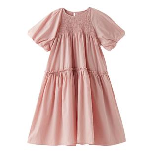 女大童韩版粉色连衣裙2024夏装新款少女泡泡袖棉质长裙度假公主裙