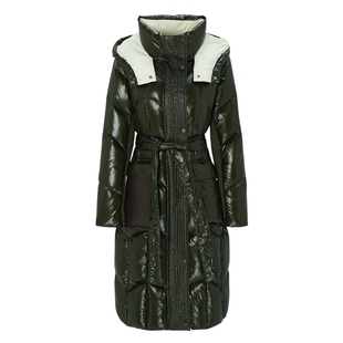 IDPAN女装冬季新款时尚摩登设计感连帽百搭墨绿中长款羽绒服