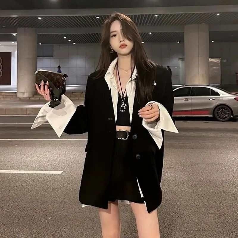 拼接西装外套女韩版女新款拼接假两件西装外套+配腰带拼接裙裤ins