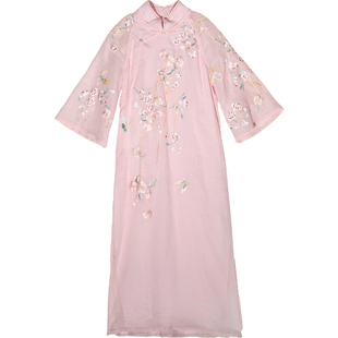 江南范苎麻旗袍高考送考粉色女夏甜美风年轻款改良连衣裙绣花日常