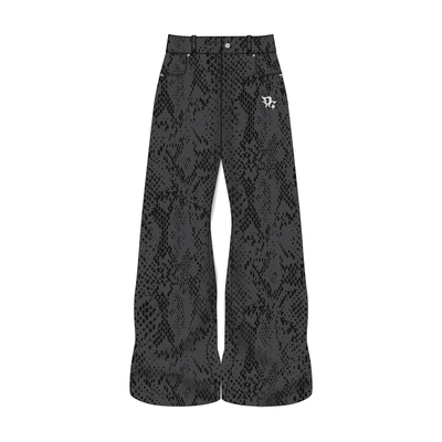 梁拌泡菜美式复古蛇纹洗水牛仔裤女高腰显瘦阔腿设计感休闲长裤