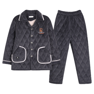 秋冬季珊瑚绒男士睡衣三层加厚加绒夹棉袄款家居服保暖套装可外穿