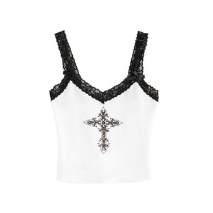 gagaopt2025夏季新款蕾丝花边撞色V领吊带背心不规则短款修身上衣