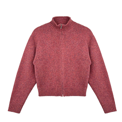早春红粉羊毛混纺立领拉链毛衣